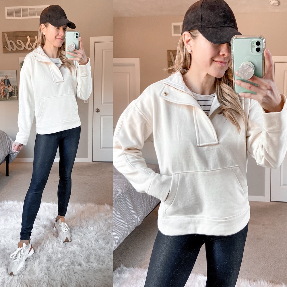 Cream Quarter-Zip Collared Pullover